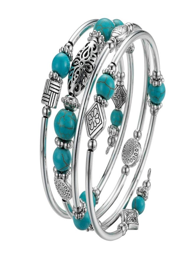 BULINLIN Layered Wrap Bangle Turquoise Bracelet - Bead Bracelet with Natural Agate Stone, Gifts For Women (01-Turquoise) - Image 4
